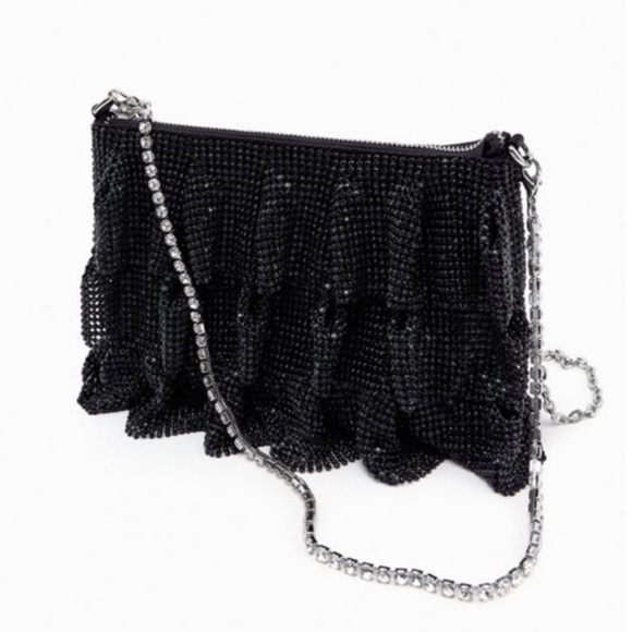 New Zara Black Ruffle Mesh Crossbody Bay With Rhinestone Strap Decor - Picture 2 of 9